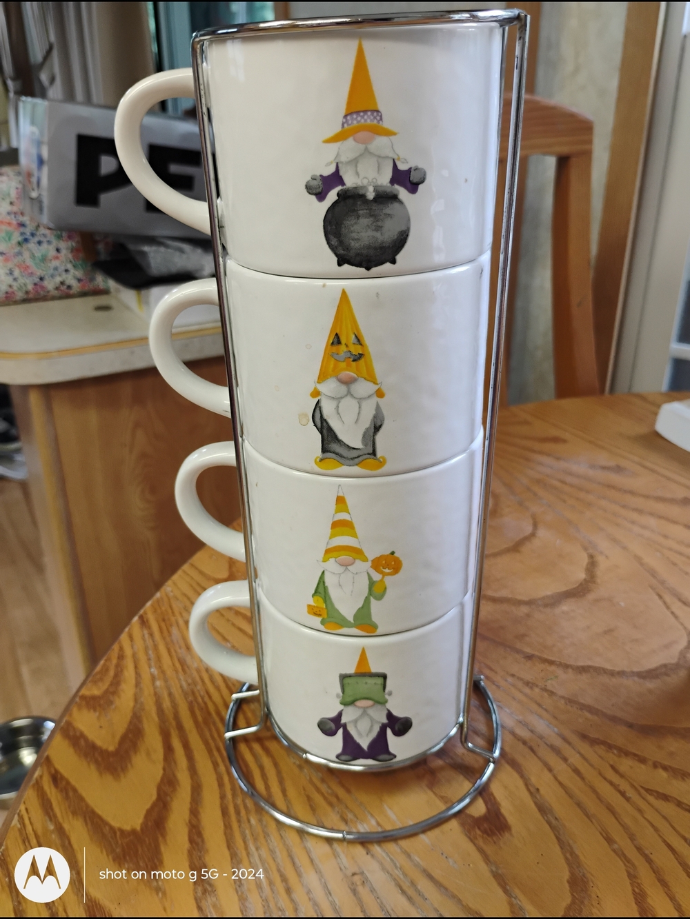 Stackable White Ceramic Gnome Mug Set with Yellow Accent - Home Dining Mugs
